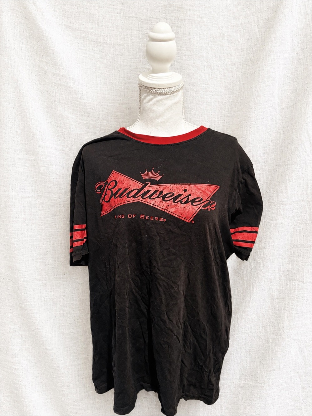 Budweiser Black T‑Shirt with Red Logo and Stripe Accents